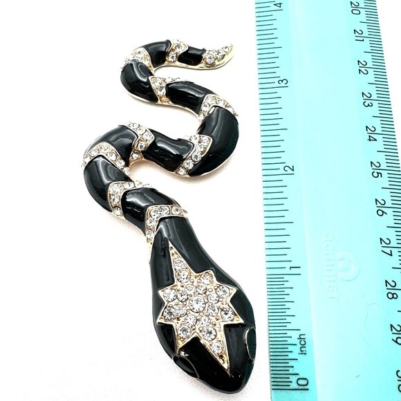 Womens Snake Brooch Pin Pendant Black Enamel Clear Rhinestone Gold Tone - Picture 3 of 3